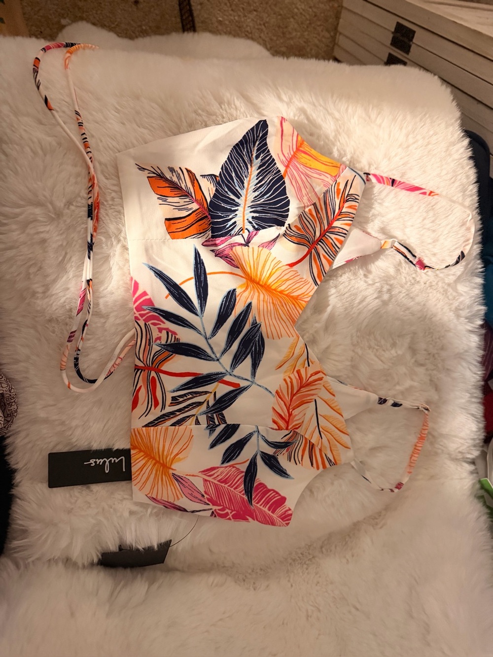 Lulu's Tropical Leaf Crop Top with Navy, Orange & Pink Print adjustable sized
